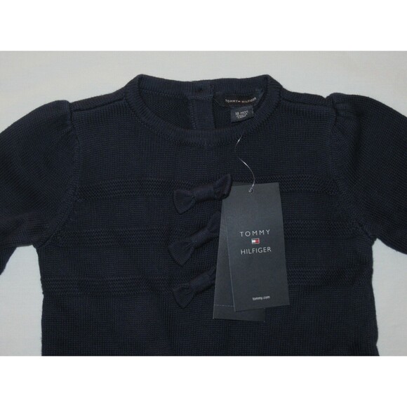 Tommy Hilfiger Dark Blue Navy Knit Dress Size 18M Bows Pocket Logo 100% Cotton - Picture 4 of 8